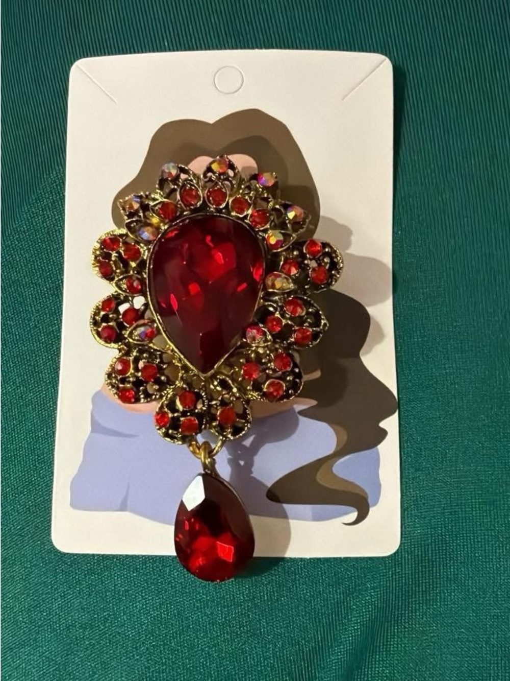 Gold-Tone Red Teardrop Statement Brooch